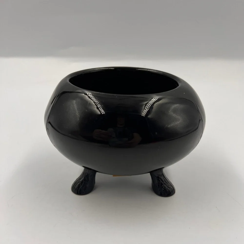 Vintage Black Glass Three Leg Footed Bowl Planter Centerpiece Mid Century Decor
